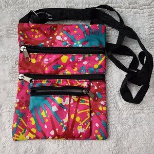 Neon zippered 4 pocket pink multicolor splatter paint peace sign crossbody bag